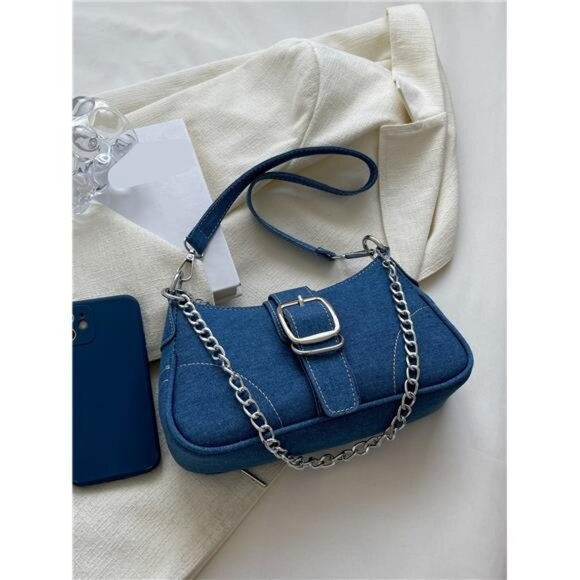 Decorative Buckle Sewing Detail Chain Shoulder Bag, - Picture 3 of 7